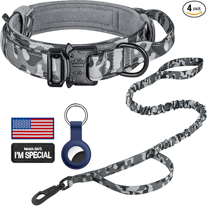 DAGANXI Tactical Dog Collar, Adjustable Military Training Nylon Dog Collar with Control Handle and Heavy Metal Buckle for Medium and Large Dogs, with Patches and Airtags Case (L, Camo-Set)
