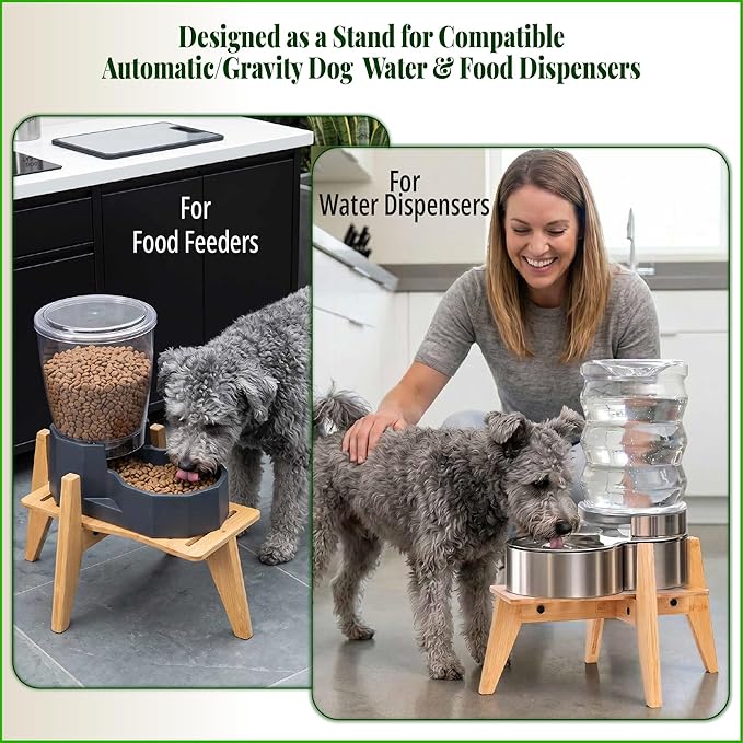 Stand for Dog Water Food Dispensers, Suitable for Medium Breeds - Bamboo Holder for Elevated Raised Automatic Gravity Dog Feeders - Medium Size