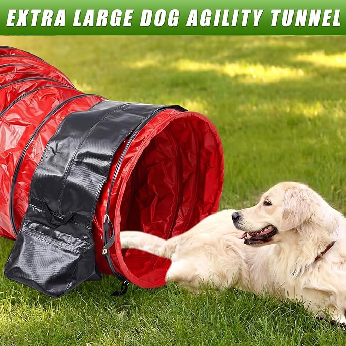 Briwooody 24 in 10 Foot PVC Dog Agility Tunnel with Sandbags Dogs Agility Training Equipment Tunnel with 2 Pack Sandbags, Carry Bag and 4 Ground Spikes for All Medium Large Dogs(Red)