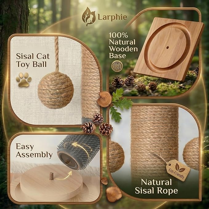 4-in-1 Solid Wood Cat Scratching Post with Self-Groomer, Natural Sisal Scratching Post with 2-Level Track Ball Toy, Interactive Cat Tree & Furniture Protector for Indoor Cats Medium Size