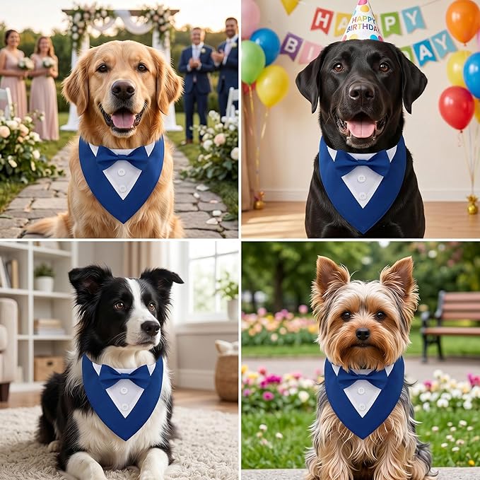 ADOGGYGO Blue Dog Tuxedo Bandana, Formal Wedding Bow Tie Collar, Adjustable Birthday Wedding Costume for Medium Dogs (M)