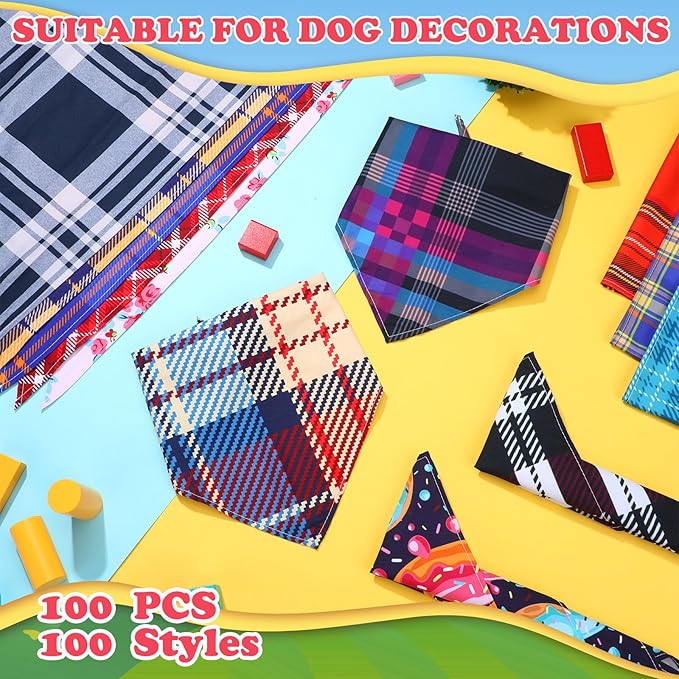 Huhumy 100 Pcs Plaid Dog Bandanas Bulk Pet Bibs Colorful Triangle Scarf Plaid Pet Bandanas for Medium Large Dogs Spring Summer Birthday Costume Decoration