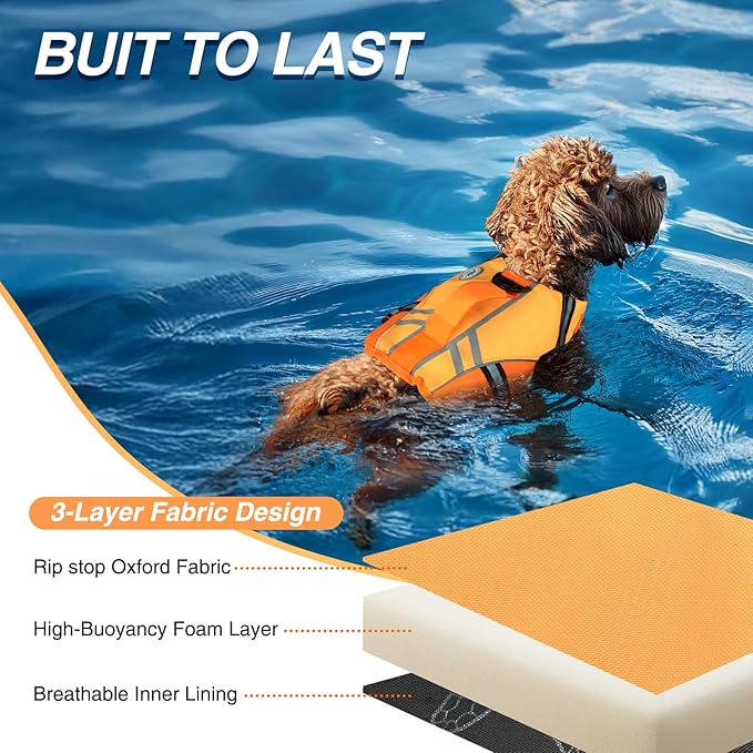 VIVAGLORY Sports Style Dog Life Vest, Dog Life Jacket for Swimming & Boating, Ripstop & Buoyancy for Puppy Doggy, Lifejacket with Handle, XS, Dark Orange