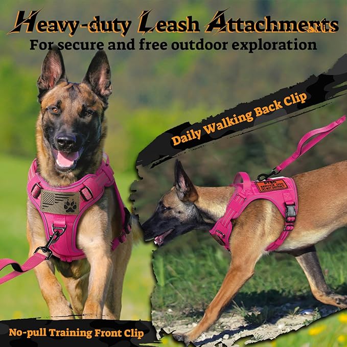 rabbitgoo Tactical Dog Harness for Large Dogs No Pull Adjustable Military Vest with Handle MOLLE Reflective Heavy Duty Dog Vest for Walking Training Hunting Outdoor Working Medium Size Dog Rose Red M