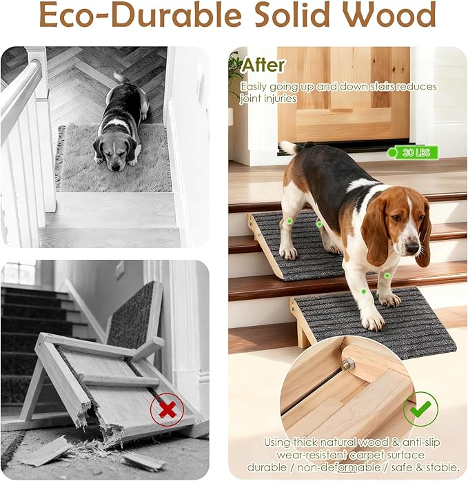 2-Pack Foldable Dog Ramp for Stairs – Lightweight Safe Wooden Pet Steps with Low-Angled Design & Anti-Slip Carpet Surface, Portable Dog Stairs to Assist Elderly/Injured Small Medium Large Dogs