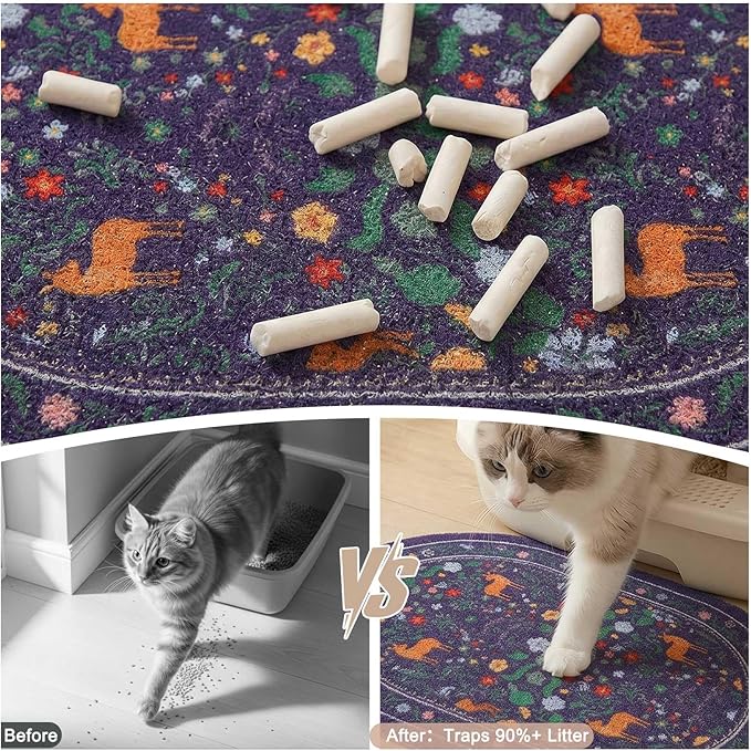 Bienbee Cat Litter Mat, 33" x 22" Large Size Litter Box Mat Rug with Non-Slip Bottom,Urine and Water Proof, Easy to Clean Cat Supplies Essentials for Indoor Kitty Kitten Floor, Dark Blue Flowers L