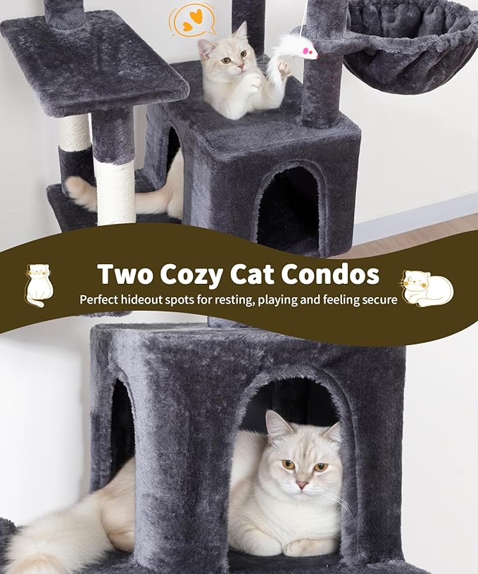 AMHANCIBLE 70 Inch Cat Tree for Large Cats, Multi-Level Cat Tower Condo with 2 Houses & Hammock for Indoor Cats, Tall Heavy Duty Kitty Playhouse, Dark Grey, PT18DG