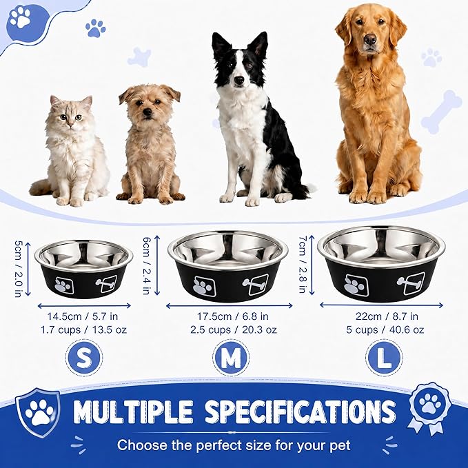 2-Pack Dog Bowls, Stainless Steel Pet Bowls, Thickened Rust-Proof Inner Bowl, Non-Slip Rubber Base, 2-in-1 Food & Water Bowl for Indoor Use (Black + Purple) (Black + Purple, M)