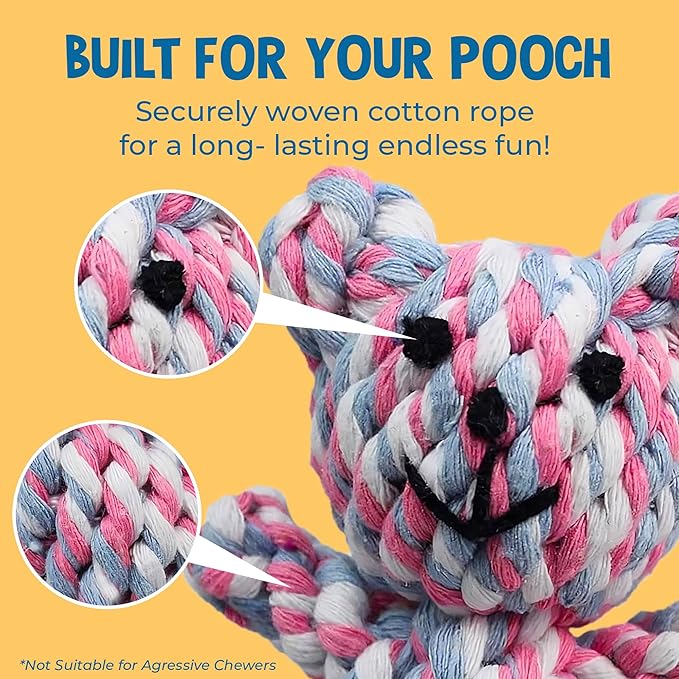 SunGrow Teddy Bear Puppy Teething Toy, Durable Tug and Chew Play for Small & Medium Dogs, Knotted Rope Cotton Design for Teething Comfort, Interactive Training, Active Pet, & Oral Cleaning