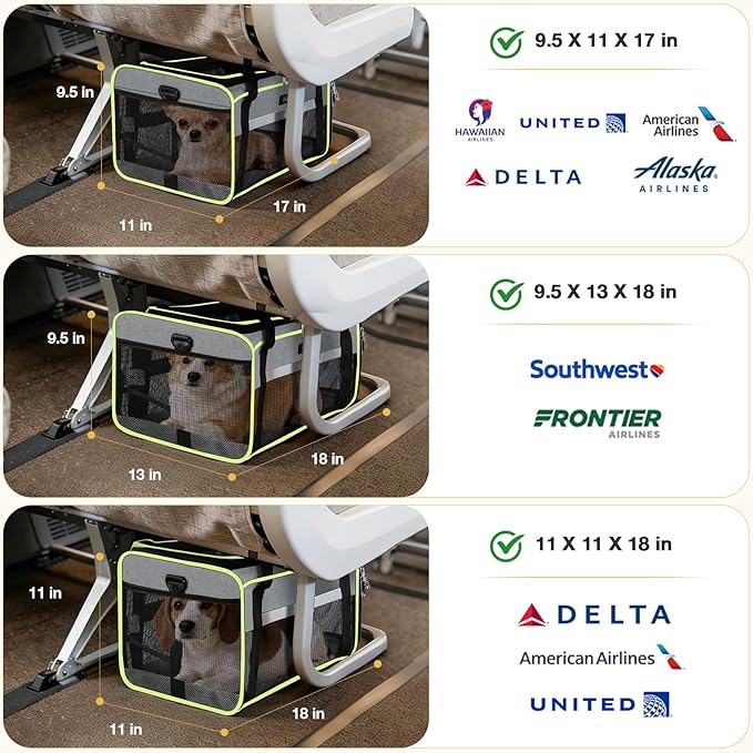 Lekereise Top-Expandable Pet Carrier 17x11x9.5 Inch Alaska Hawaiian Airline Approved Soft Sided Underseat to 12lbs Travel Carriers for Small Dogs and Cats with Locking Safety Zippers Anti-Scratch Mesh
