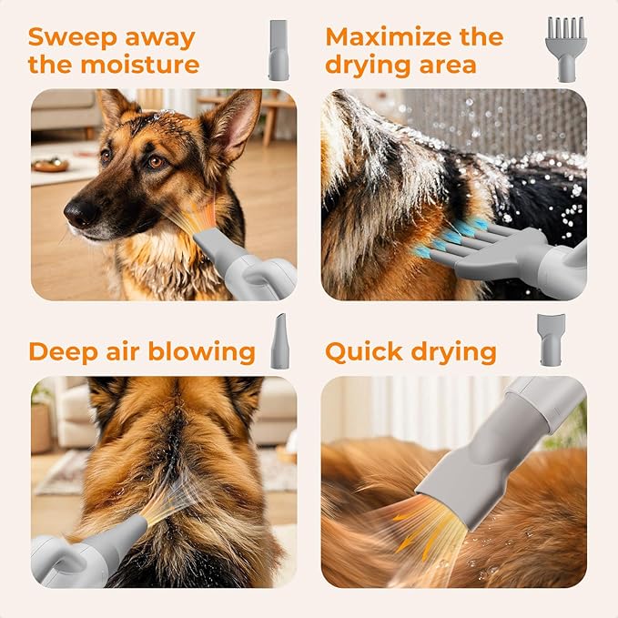 Pecute High-Velocity Dog Hair Dryer, Dog Blow Dryer with Adjustable Speed & Temp, Cool-Warm-Hot Cycle Mode, 4 Nozzles, Soft Noise Pet Dryer for Grooming, Heat Resistant Hose, 6.5ft Cord