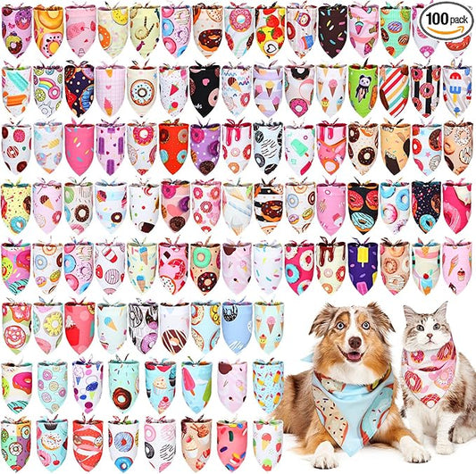 Huhumy 100 Pcs Donut Dog Bandanas Bulk Pet Bibs Colorful Triangle Scarf XL Donut Pet Bandanas for Medium Large Dogs Spring Summer Candyland Birthday Costume Decor