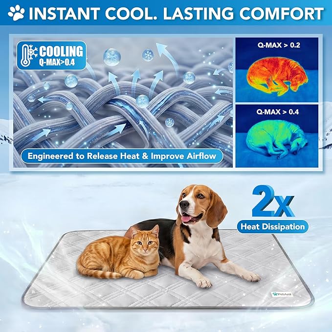 PetAmi Dog Cooling Mat, Waterproof Self Cooling Dog Pad with Non-Slip Backing, Q-Max >4.0 Pet Cooling Mat for Crate, Couch, Kennel & Car, Indoor Outdoor Summer Use, Light Grey, 40x60