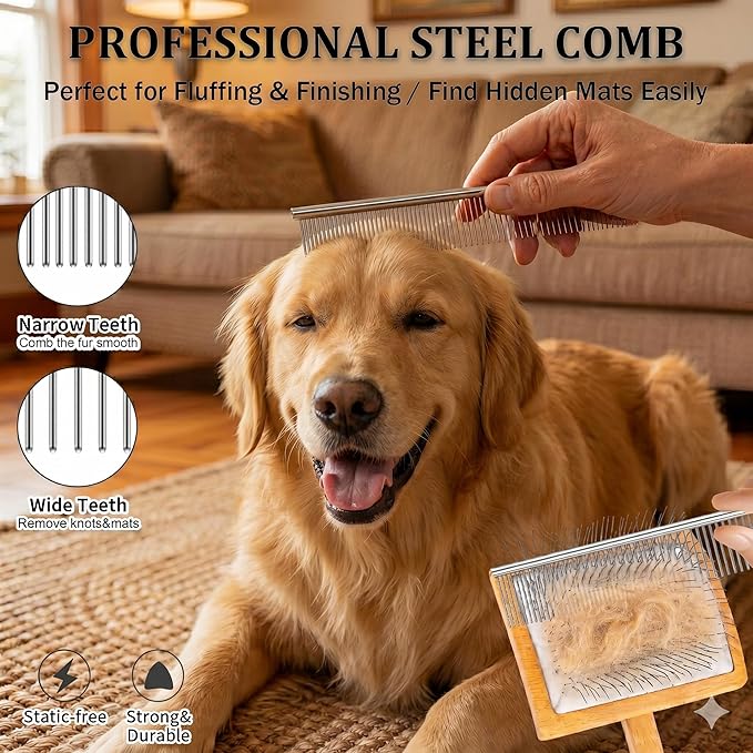 Dog Slicker Brush for Goldendoodles, Poodles & Long Haired Dogs - Long Pin Doodle Brush & Pet Comb Kit Removes Tangles Loose & Knots, Professional Grooming Tools with Wooden Handle, Natural