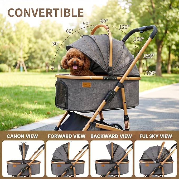 3-in-1 Dog Stroller with Rain Cover, Quick Foldable, Detachable Carrier & Car Seat, for Medium Dogs Cats Up to 50 lbs, Anti-Shock Solid Rubber Wheels, Grey