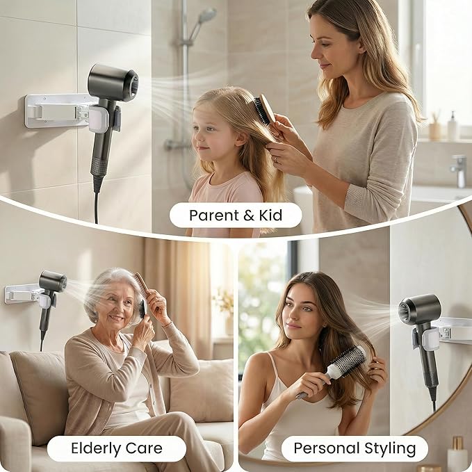 Wall Mount Hair Dryer Holder, Hands Free Hair Dryer Stand with Retractable Fold-Flat Arm, 360° Adjustable Head, Cord Organizer, Fits Most Hair Dryers for Bathroom, Vanity, Pet Grooming