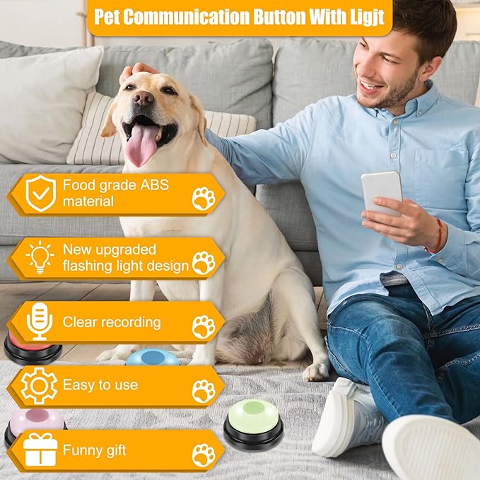 4Pcs Dog Button with Light 4 Color Dog Talking Button Recordable Pet Training Buzzer Portable Communication Buttons Battery Powered Pet Training Fun Voice Recording Buttons for Dogs Speech