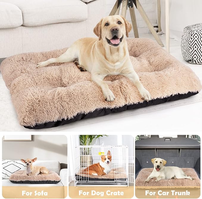 JOEJOY Dog Bed Crate Pad, Deluxe Plush Washable Dog Beds Fulffy Soft Kennel Pad Anti-Slip Pet Sleeping Mat for Small Dogs，23" x 18", Beige