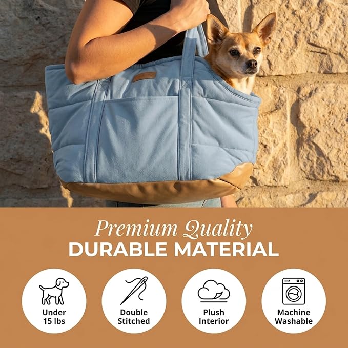 Plush Dog Purse Carrier for Small Dogs, Soft Dog Tote Bag with Safety Harness Clip, Cozy Pet Carrier for Dogs Under 15 lbs, Comfortable Dog Shoulder Carrier for Travel, Light Blue