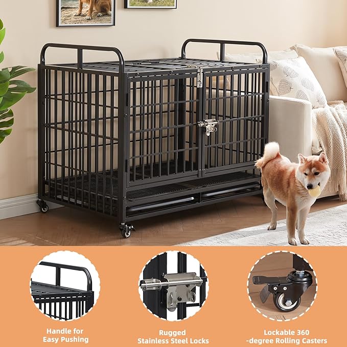 Lauren&Harold Heavy Duty Dog Crate for Medium/Small Dogs, Metal Dog Kennel Indoor with Top Door&Feed Door, Easy-to-Clean Dog Cage with Removable Tray&Wheels (38" L x25.5 W x 31" H(Small))