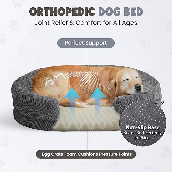 Orthopedic Dog Bed for Large Dogs, XL, 48 Inches, Oval Pet Bed with Memory Foam, Removable Washable Cover, Bolstered Sides, Non-Slip Bottom, Designed for Senior Dogs, Gray