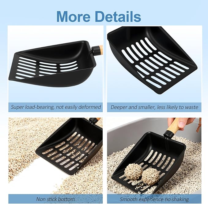 Cat Litter Scoop, Metal Litter Scoop, Heavy Duty Metal Cat Scooper for Litter Box, Black Sifter Scoop for Pellets, Wooden Handle Scoop with Hole, Kitty Necessity (Cat Litter Scoop Long)
