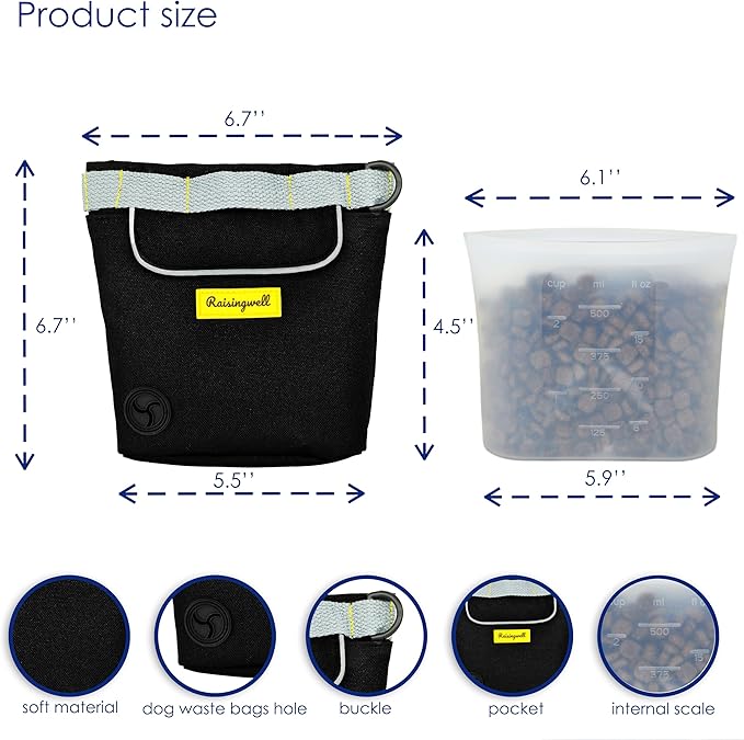Raisingwell Dog Treat Pouch for Pet Walking and Training with Clicker 2 Cup Silicone Bag Small Fanny Pack Holder for Puppy Snack Dispenser Kit for Leash and Outdoor Use (Black)