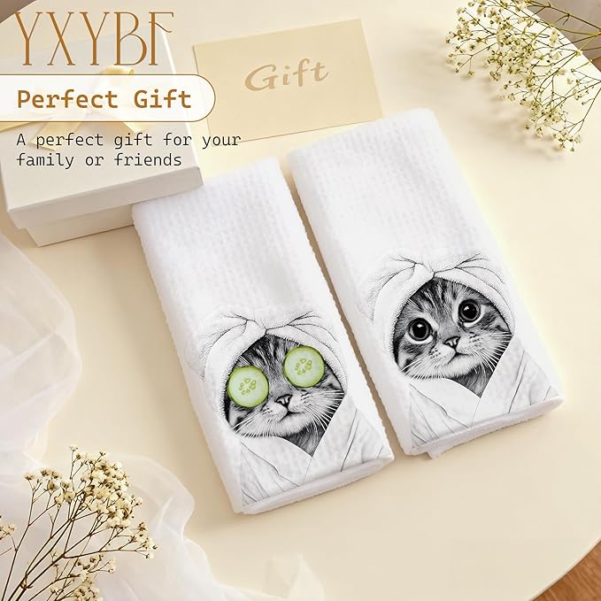 Funny Tabby Cat Hand Towels for Bathroom Powder Room Spa Decor 16x24 Inches, Cat Mom Lady Gifts, Black and White Bathrobe Kitten Bathroom Towels Decorative, Set of 2