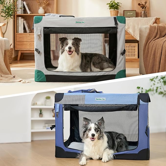 Gardner Pet Soft Collapsible Dog Crate - 30 Inch Portable Travel Dog Crate for Small/Medium Dogs Indoor & Outdoor, 3-Door Pet Crate with Durable Mesh Windows & Storage Bag, Grey