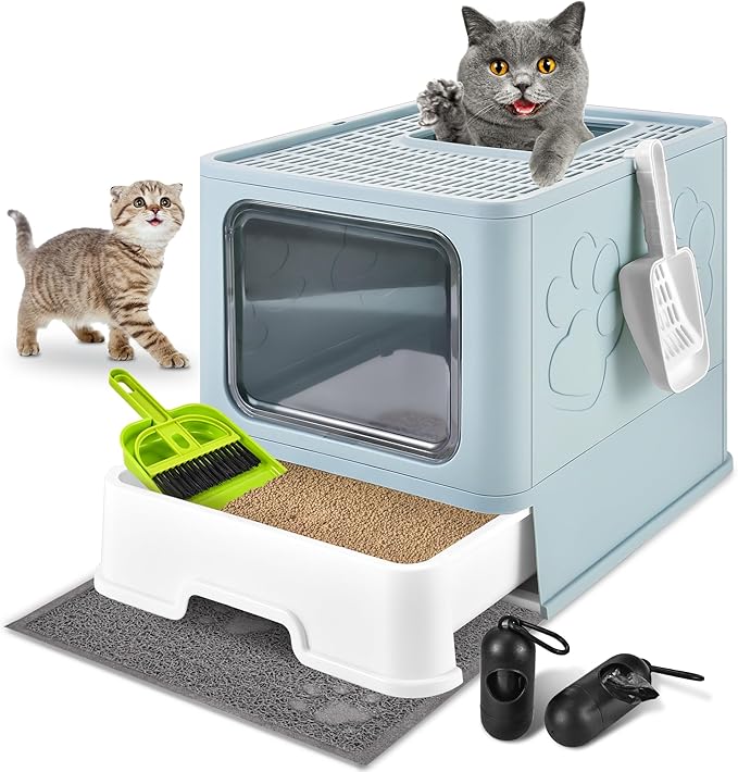 Covered Cat Litter Box with Litter Mat, Foldable Extra Large Dual Entry Adjustable Door, Drawer Design Enclosed Kitty Litter Box, Odor Control Anti-Splashing Easy Cleaning(Blue)