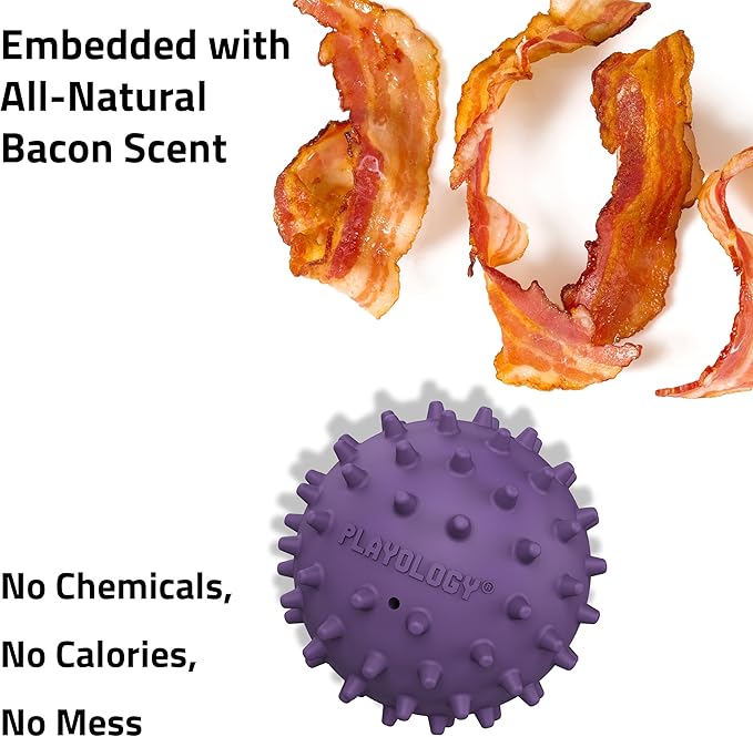 Playology Dog Toys | Squeaky Spiky Chew Ball for Medium Dogs | Bacon Scented Dog Ball for Tough Chewers