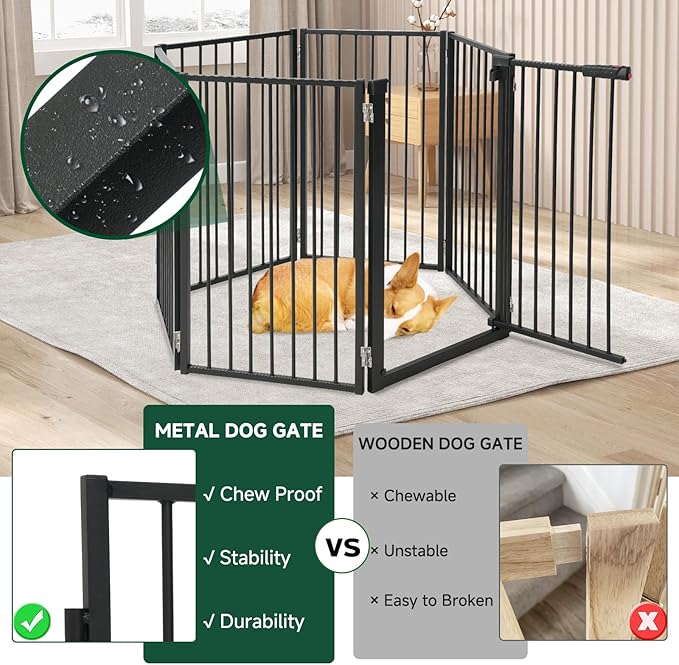 Snagle Paw Full Metal Freestanding Dog Gate with Door, 120” W x 32” H Pet Gate with Support Feet for Doorways, Stairs and Hallways, Portable Dog Fence for Indoor Use (32" 6 Panel, Black)