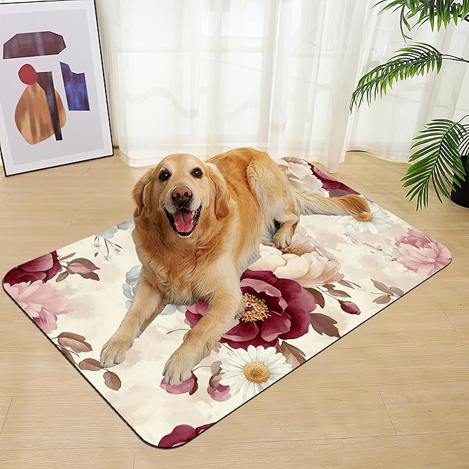 Vintage Floral Rose Pet Feeding Mat–Quick Dry Absorbent Dog Cat Food Mat, Non Slip Waterproof Bowl Placemat for Messy Eaters, Pet Accessories for Floors 16"x24"