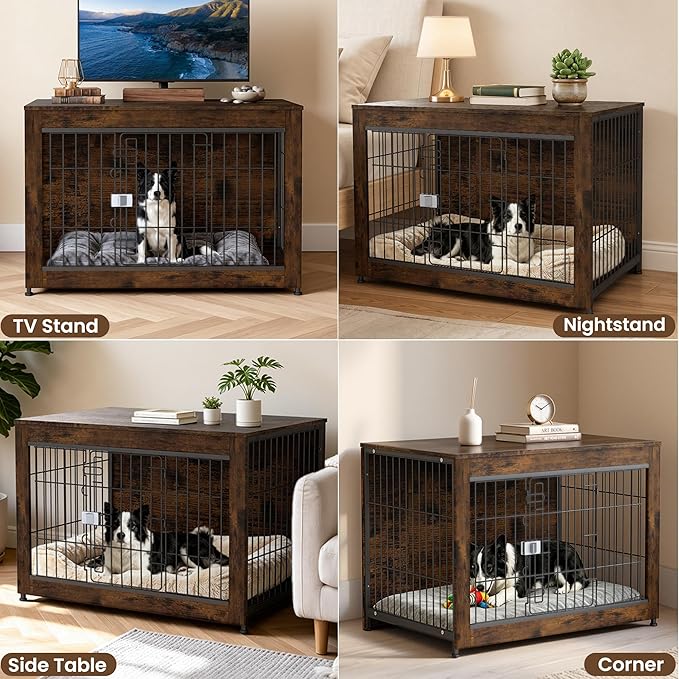 Wooden Dog Crate Furniture, 38in Dog Cage Furniture with Slide Safety Latch, Indoor Decorative End Table for High Anxiety Dogs, Furniture Style Dog Crate for Medium to Large Dogs, Aged Black