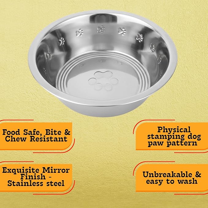2-Pack Stainless Steel Dog Bowls 8 Cups (1.9L), Durable Metal Embossed Pet Food & Water Dish for Medium to Large Dogs – Rust-Resistant