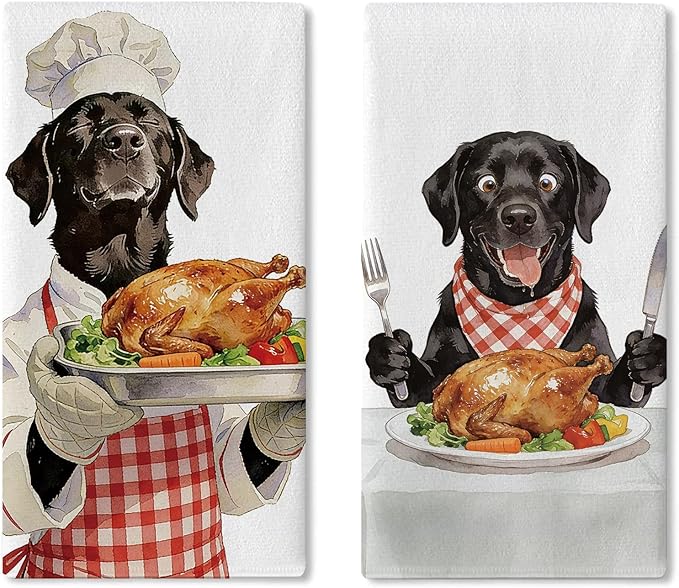 Funny Chef Black Labrador Dog Kitchen Dish Towels Set of 2, Roast Turkey Drying Hand Towel Baking Cooking Cloth, Thanksgiving Bathroom Home Decoration Pet Dog Owner Lover Gifts 18'' x 26''