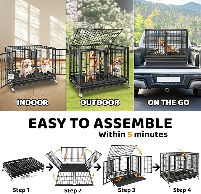 Homey Pet 43 Inch Three Tiers Dog Crate Cage Kennel with Divider, Stackable Heavy Duty Dog Crate for Large Dogs, Escape Proof Indestructible Dog Kennel Indoor with Removable Tray, Lockable Wheels