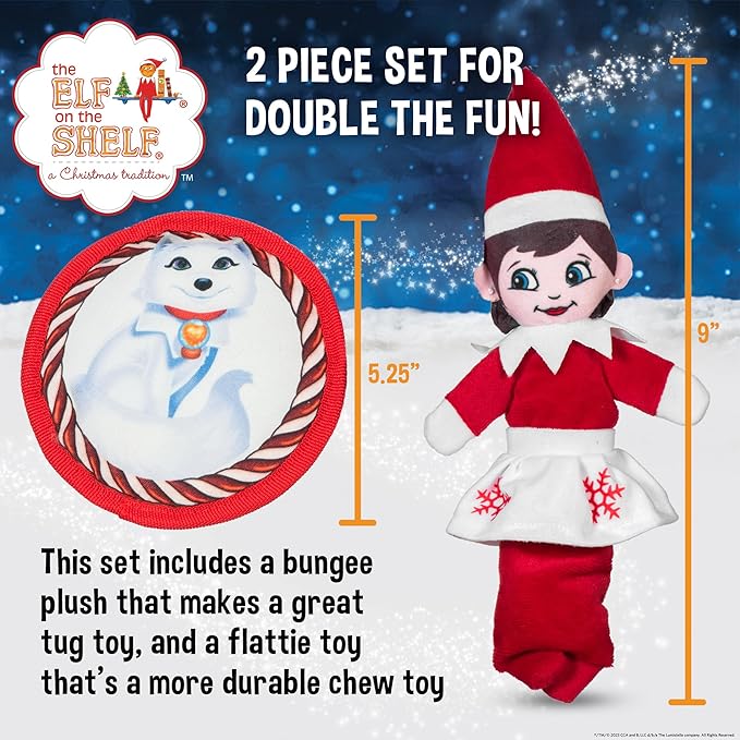 The Elf on the Shelf 2pc Dog Toy Set with Elastic Scout Elf + Elf Pets Arctic Fox Plush Flattie Disk, Squeaky Dog Toys | Bungee Dog Toys for Tug | Stocking Stuffers for Dogs