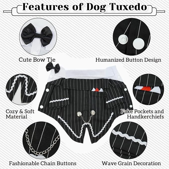 DENTRUN Dog Tuxedo Suit with Bow Tie - Formal Black & White Striped Pet Costume Shirt, Elegant Wedding Outfit Birthday Party Attire for Chihuahua Yorkie Shih Tzu Pomeranian Small Dogs, S
