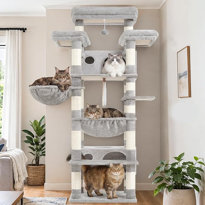 Gitelsnour Cat Tree for Indoor Cats Large Adult, 74" Cat Tower with 3 Big Platforms, 2 Baskets, 2 Condos, Multi-Level Cat Scratching Posts, Light Gray GCT030W