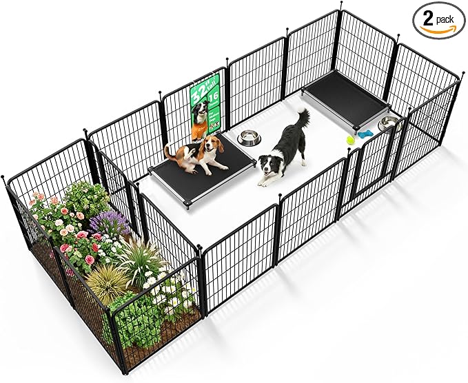 FXW Rollick Unleashed Dog Playpen for Indoor, Yard, RV Camping, 32 inch 16 Panels Dog Pen with Connectors (Pack of 2) for Small and Medium Dogs, Black│Patented