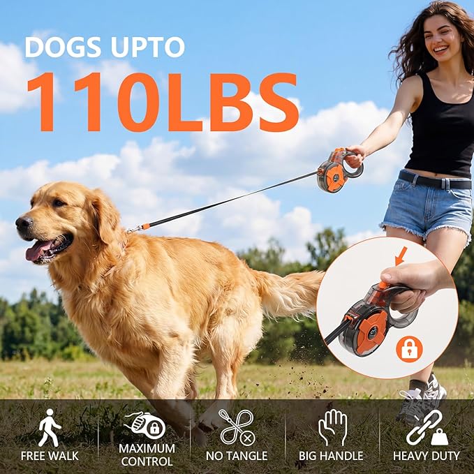 Lightweight and Retractable Dog Leash - Anti-Entanglement and one-Hand Brake, Easy to Control - 13-Foot Durable Dog Leash, Designed for Women, Suitable for Small/Medium Dogs - Comfortable Grip