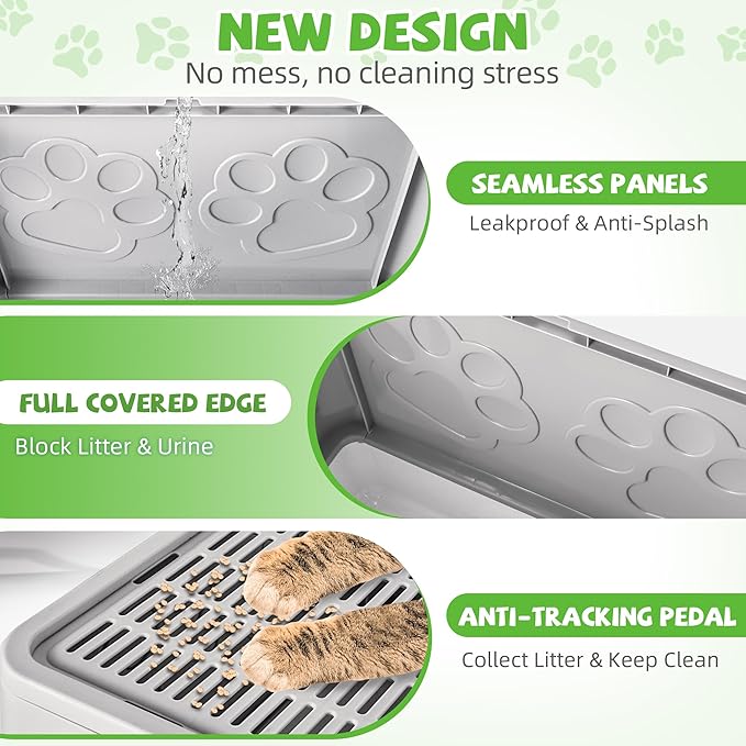 Covered Cat Litter Box with Litter Mat, Foldable Extra Large Dual Entry Adjustable Door, Drawer Design Enclosed Kitty Litter Box, Odor Control Anti-Splashing Easy Cleaning (Light Grey)