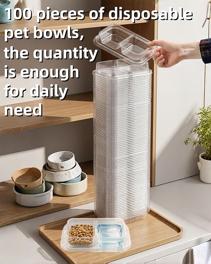 100 Pcs Disposable Pet Bowls, Plastic Double Dish, Anti-Ant, No Spill, Non-Slip, for Outdoor Small and Medium Dogs and Cats