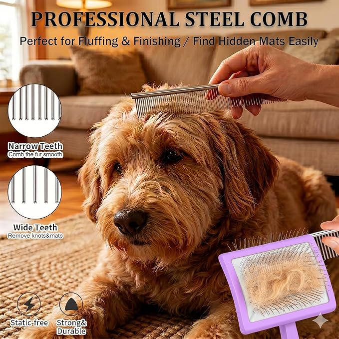Dog Slicker Brush for Goldendoodles, Poodles & Long Haired Dogs - Long Pin Doodle Brush & Pet Comb Kit Removes Tangles Loose & Knots, Professional Grooming Tools with Wooden Handle, Purple