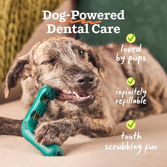 WOOF The Bite n' Brush - Dog Toothbrush Toy - Scrub Plaque and Tartar from Your Dog's Teeth and Mouth - Dog Dental Chew Toy - Small