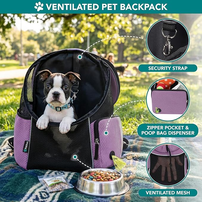 PetAmi Dog Carrier Backpack, Hands Free Front Pet Carrier for Small Cats Puppies, Adjustable Ventilated Reflective Pet Travel Bag for Hiking Camping Biking Walking, Up to 10 lbs, Purple