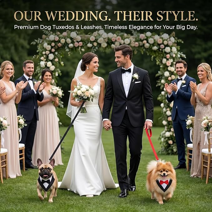 Gilprop 4 Pcs Formal Dog Outfit Dog Tuxedo Sets with Bowtie Wedding Dogs Bandana Collar with Nylon Leash Wedding Outfit Suit Adjustable Pet Party Costumes for Birthday(Black,Red,Medium:16"-19.5")
