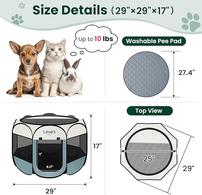 Love's cabin Dog Playpen with Washable Pee Pad, Puppy Pet Cat Playpen Small Dogs Tent Crate Indoor/Outdoor, Portable Pop Up Kennel with Carrying Case for Cats/Rabbits(Moss Green,Small with pad)