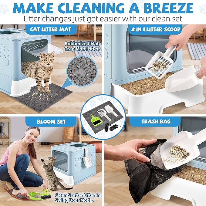 Covered Cat Litter Box with Litter Mat, Foldable Extra Large Dual Entry Adjustable Door, Drawer Design Enclosed Kitty Litter Box, Odor Control Anti-Splashing Easy Cleaning(Blue)